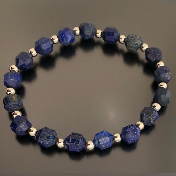 Natural Lapis Lazuli Bracelet Faceted Beads Barrel Shape Stretchable Bracelet - Picture 2 of 6